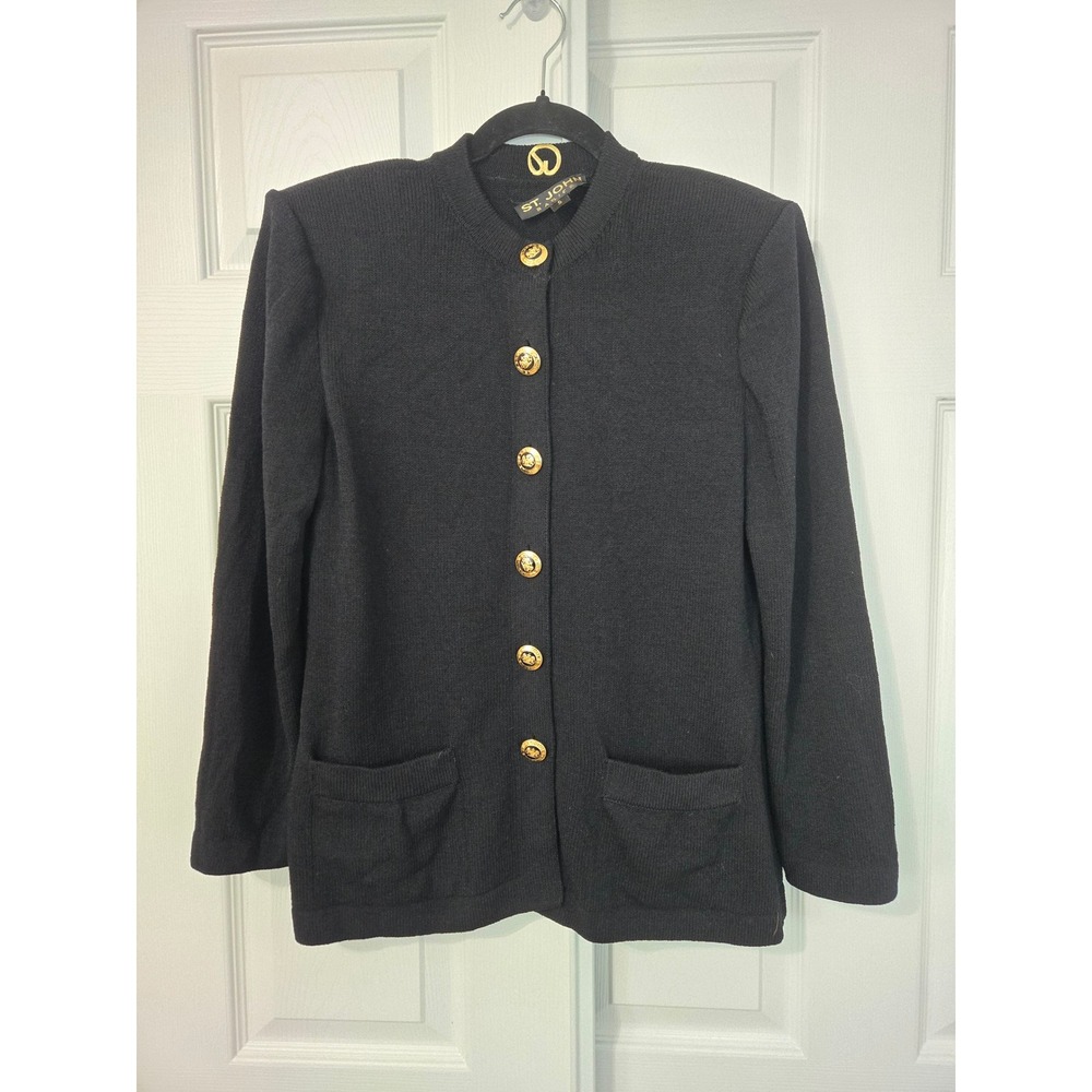 St John Basics Black Santana Knit Cardigan Jacket Gold Crest Buttons Small